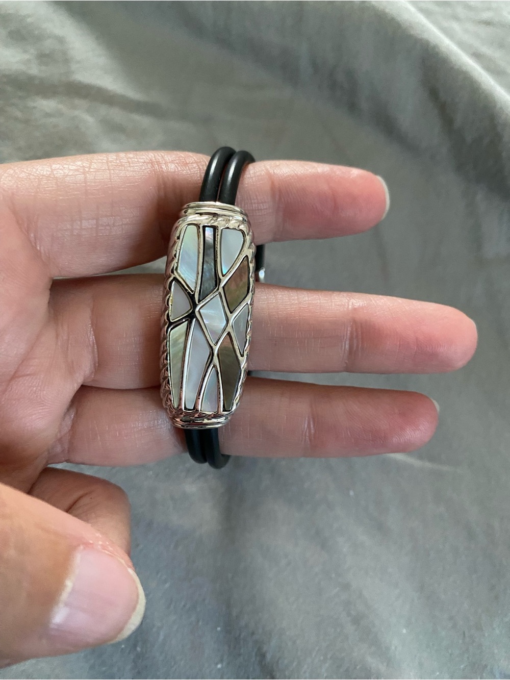 Lia Sophia Black Cord Bracelet with Iridescent Mother-of-Pearl and Abalone Inlay
